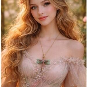 RMN Dragonfly Pendant Necklace Gold Tone Green Enamel Pink Rhinestone